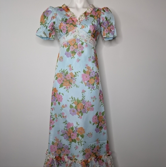 Vintage blue pink orange organza v neck puff sleeve ruffle neck maxi dress 10 - Picture 2 of 11